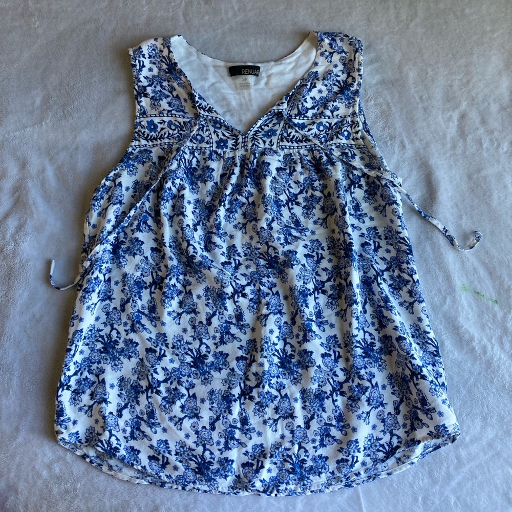 Renuar Blue and White Tie Front Smocked Blouse